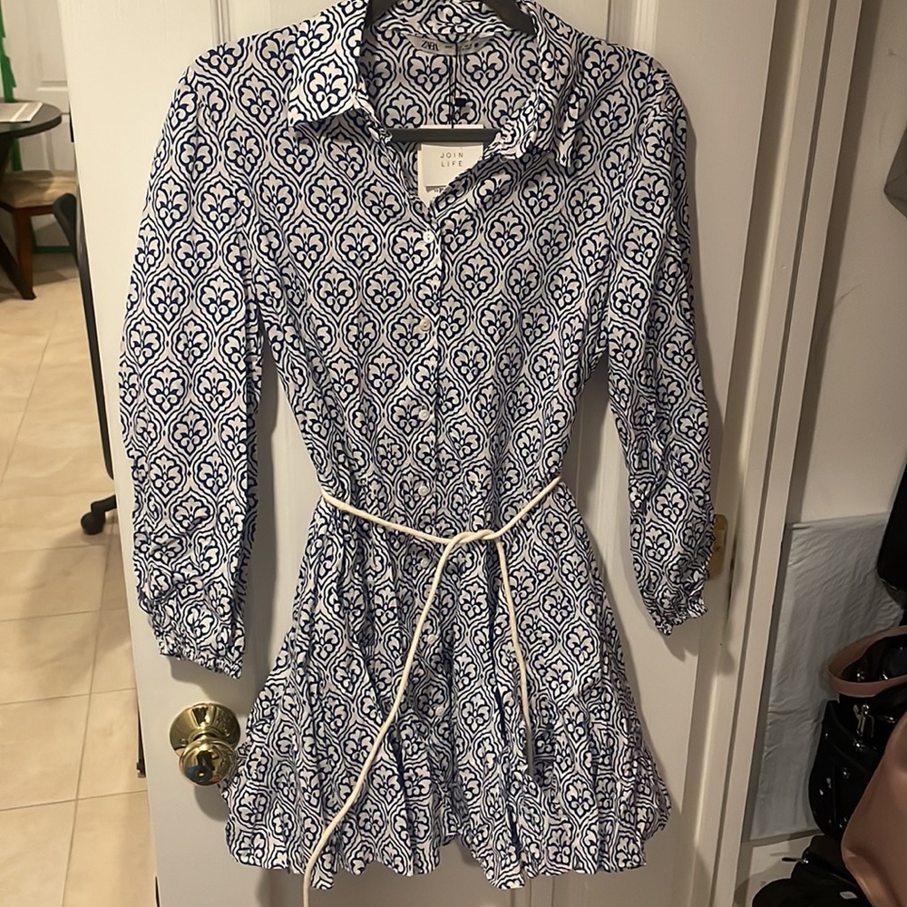 Zara blue and white Mini Dress Size SMALL, NEW WITH TAGS
